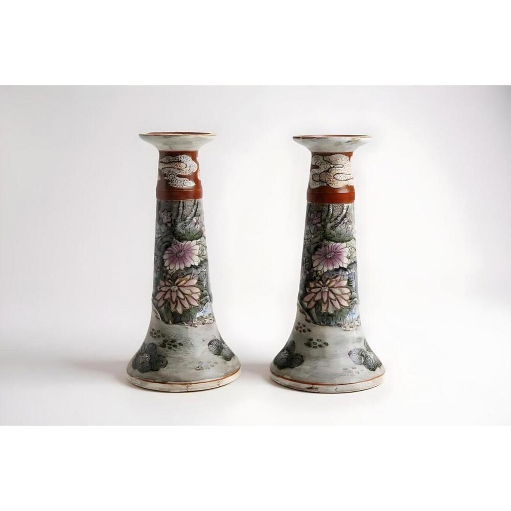 Chinese Porcelain Candlestick Holders 10" Hand Painted Macau Floral Pair Vintage